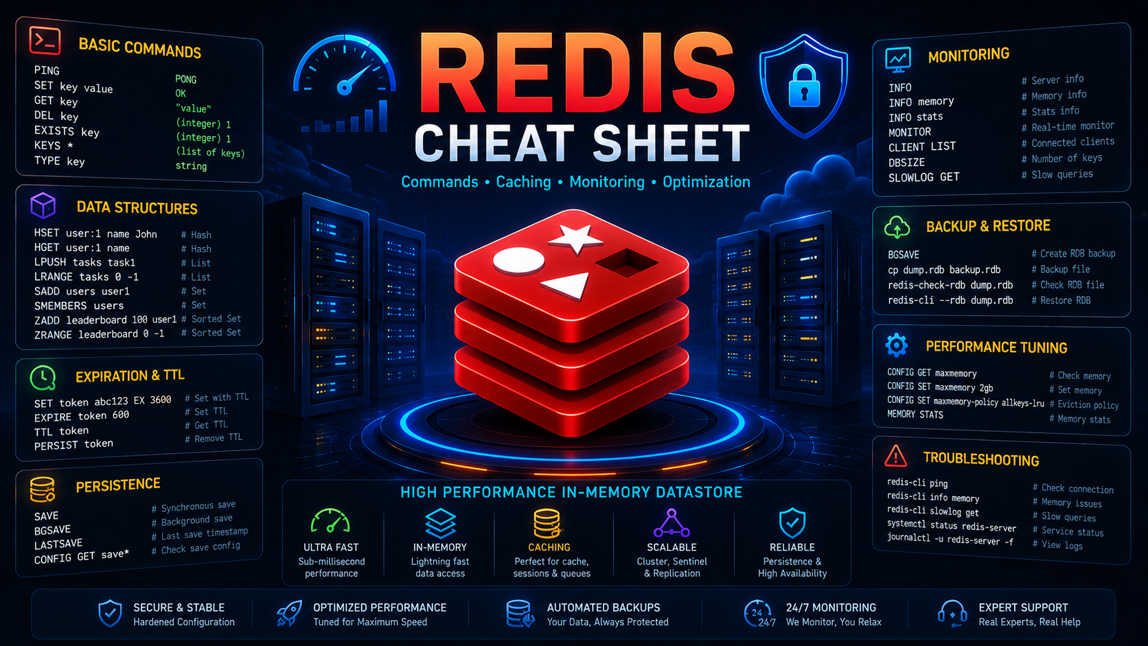 Redis Cheat Sheet: Commands, Caching, Monitoring & Optimization Guide