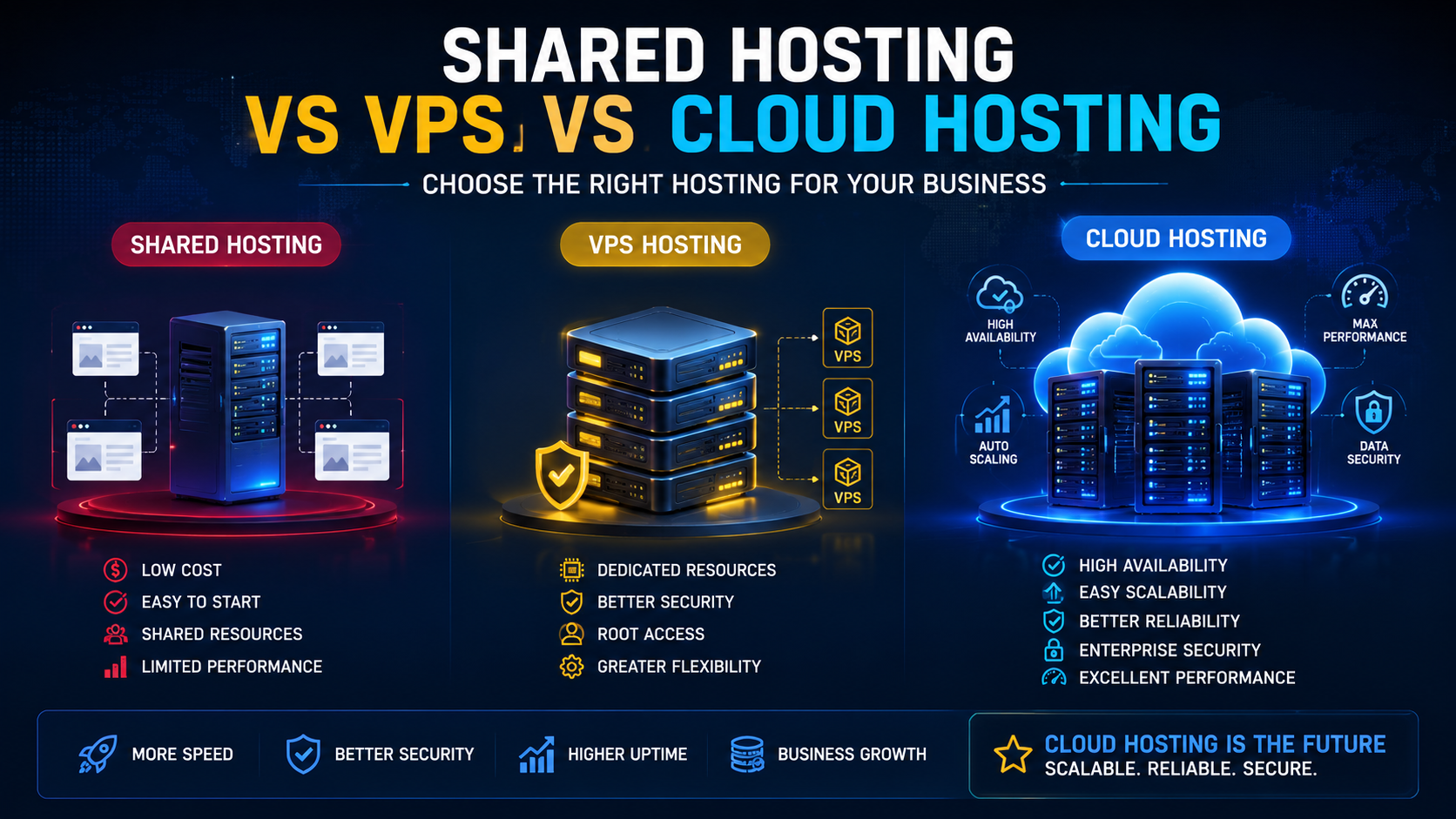 Shared Hosting vs VPS vs Cloud Hosting